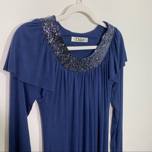 CHLOE Blue Long Sleeved Midi Dress with Beaded Collar and Fringed Shoulders - Picture 9 of 9